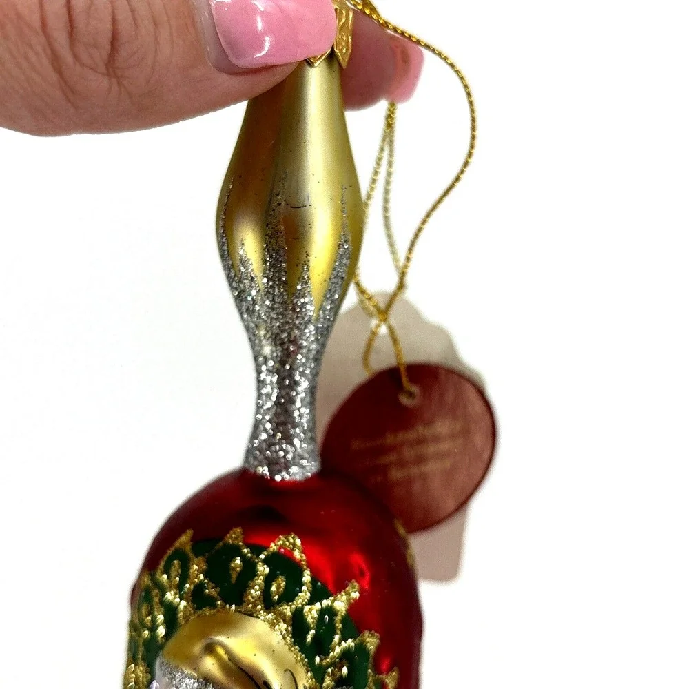 Vintage Christmas Home For The Holidays Glass Hanging Santa Wreath Ornament Bell